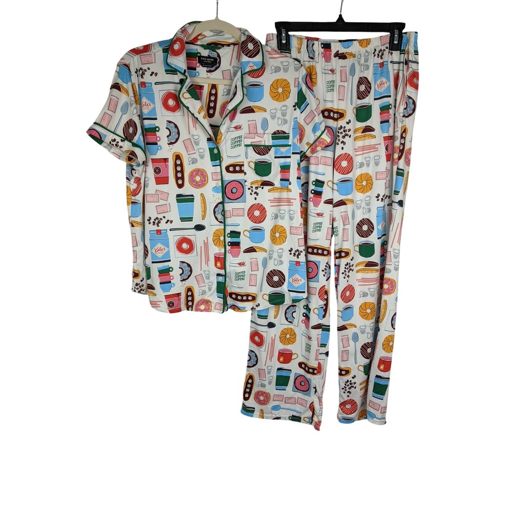 Kate Spade Coffee and Donuts Pajama Set Multi Color Short Sleeve Pants M